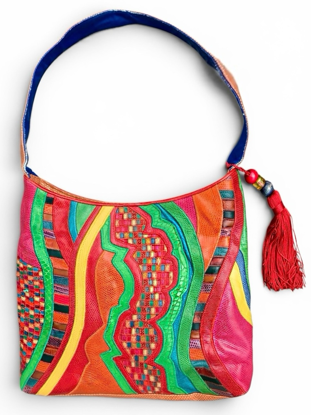 Vintage Sharif Patchwork Croc Snake Leather Hobo Shoulder Bag Tassel